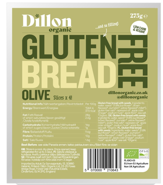 Dillon Organic Gluten Free Sliced Bread - Olive X 4 X 275g