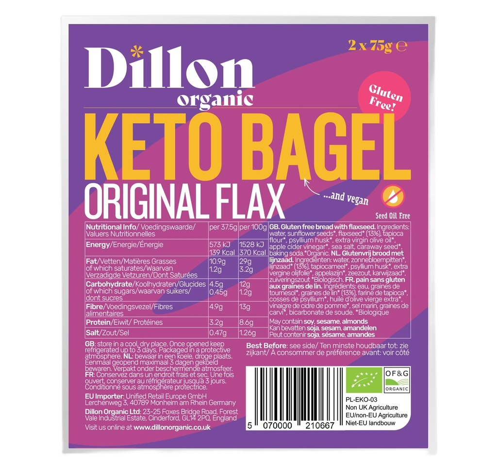Dillon Organic Gluten Free Keto Bagel - Original Flax X 6 X (2x75g)