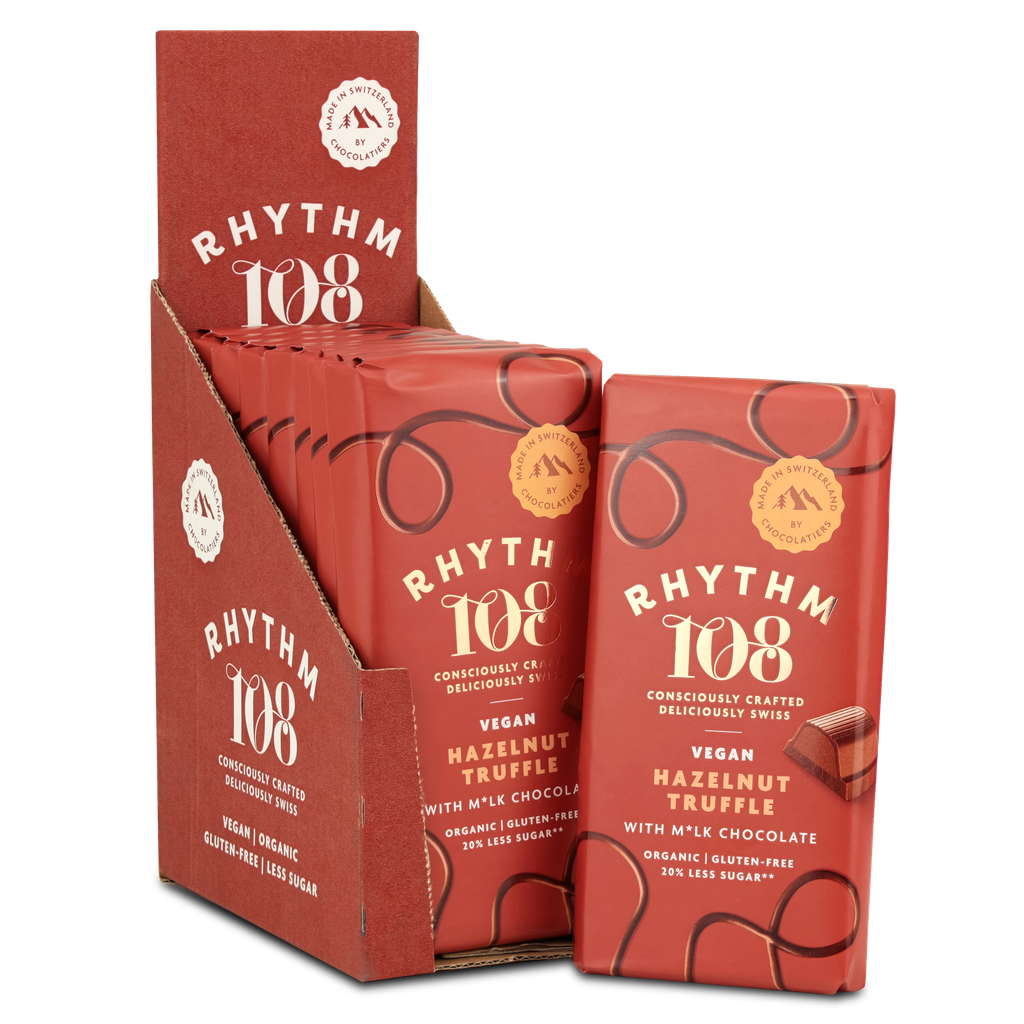 Rhythm 108 Vegan and GF Chocolate - LARGE Mlk Hazelnut Truffle Tablet X 9 X 100g