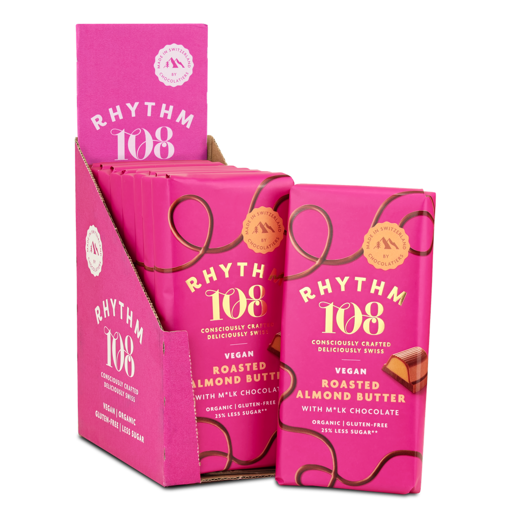 Rhythm 108 Vegan and GF Chocolate - LARGE Roasted Almond Butter Tablet X 9 X 100g