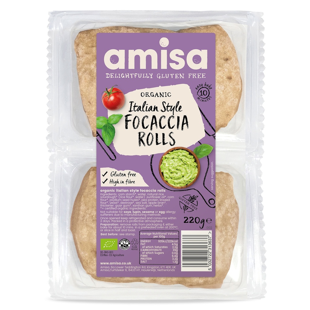 Amisa Organic GF Bread - Italian Style Focaccia Rolls 220g