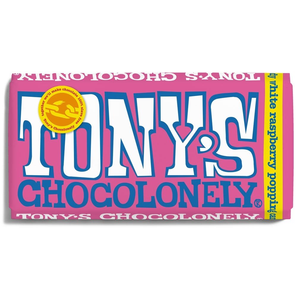 Tonys Chocolonely Chocolate - LARGE White Chocolate Raspberry Popping Candy X 15 X 180g