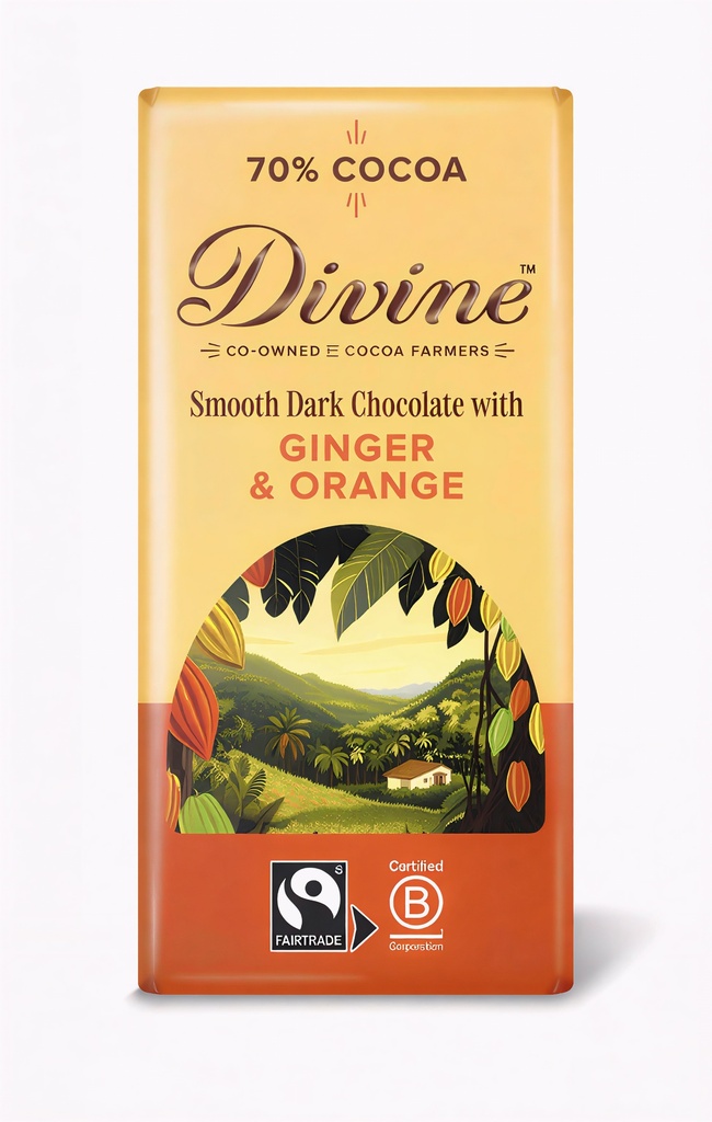 Divine Chocolate Bars - DARK 70% Smooth with Ginger & Orange X 15 X 90g