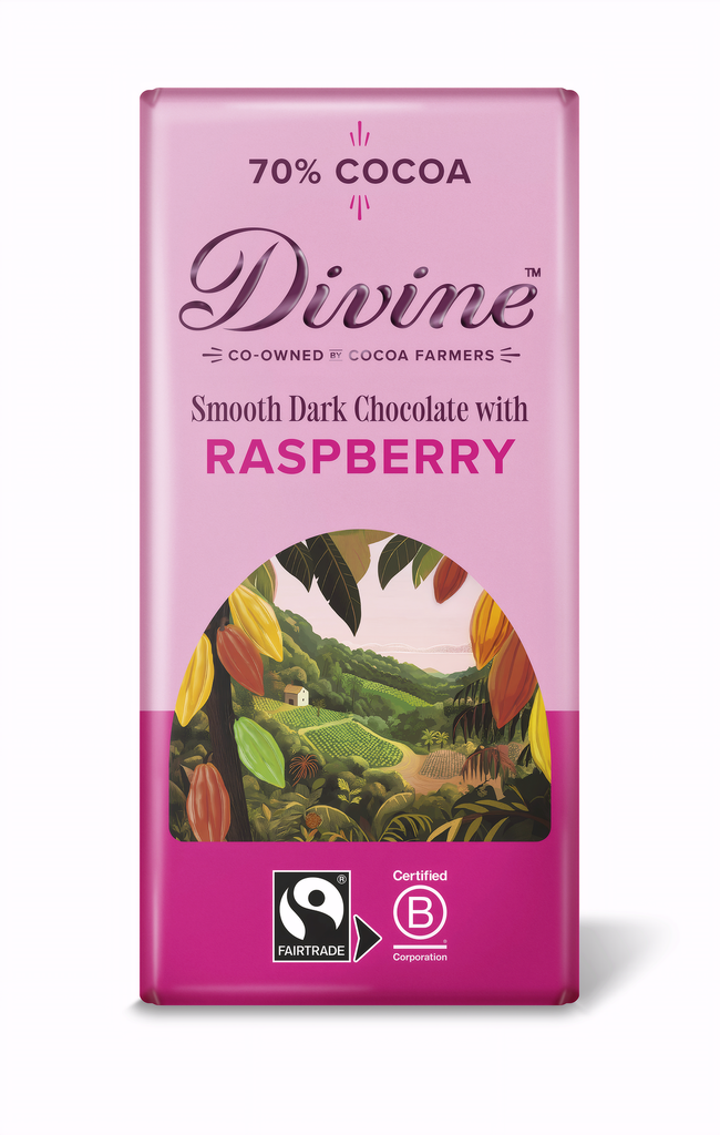 Divine Chocolate Bars - DARK 70% Smooth with Raspberries X 15 X 90g