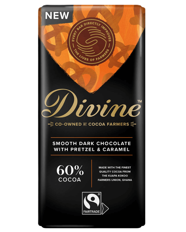 Divine Chocolate Bars - DARK 60% Smooth with Pretzel & Caramel X 15 X 90g