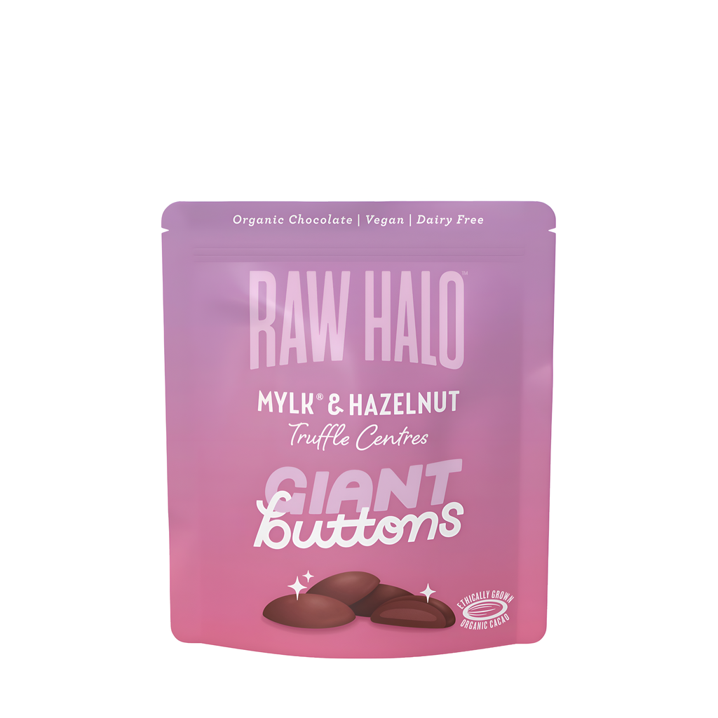 Raw Halo Organic Vegan Chocolate - Truffle Centre Mylk & Hazelnut Giant Buttons X 8 X 100g