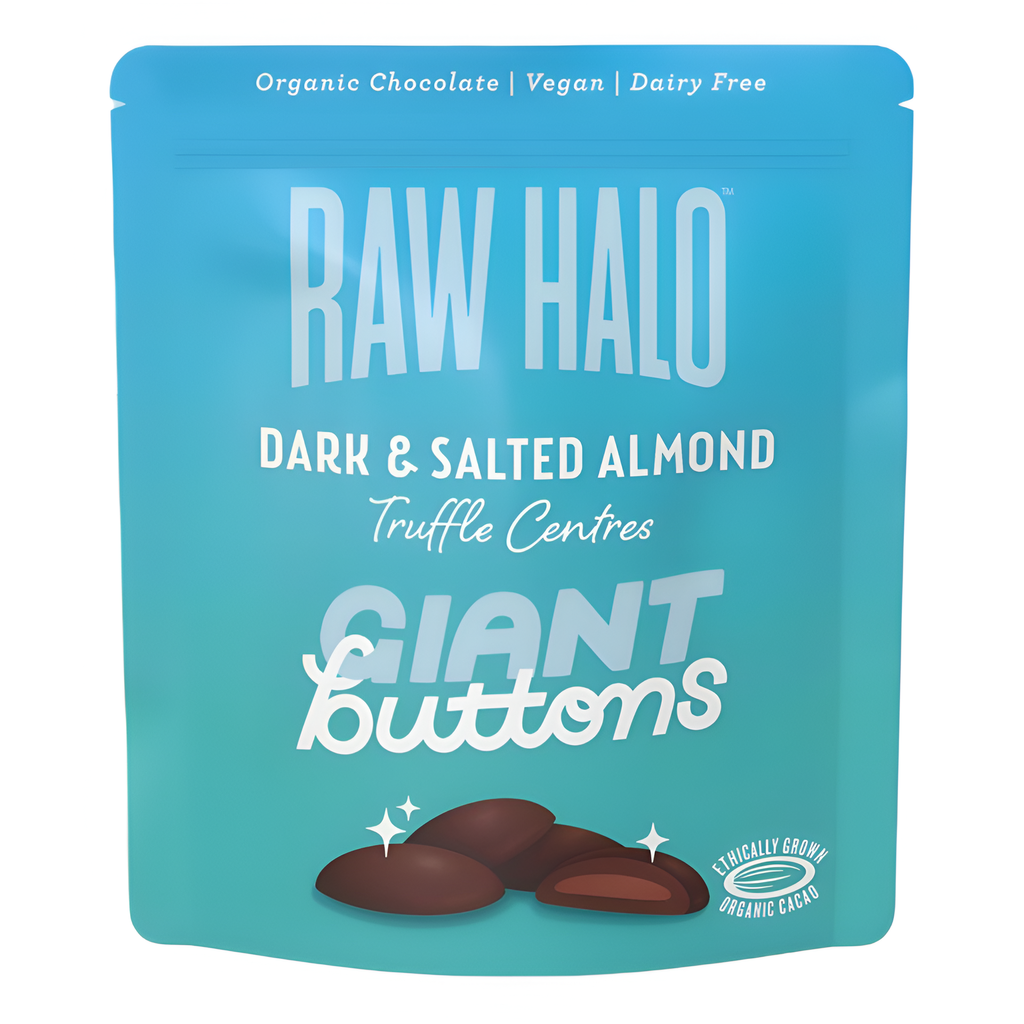 [PRODUCTION ISSUE] Raw Halo Organic Vegan Chocolate - Truffle Centre Dark & Salted Almond Giant Buttons X 8 X 90g
