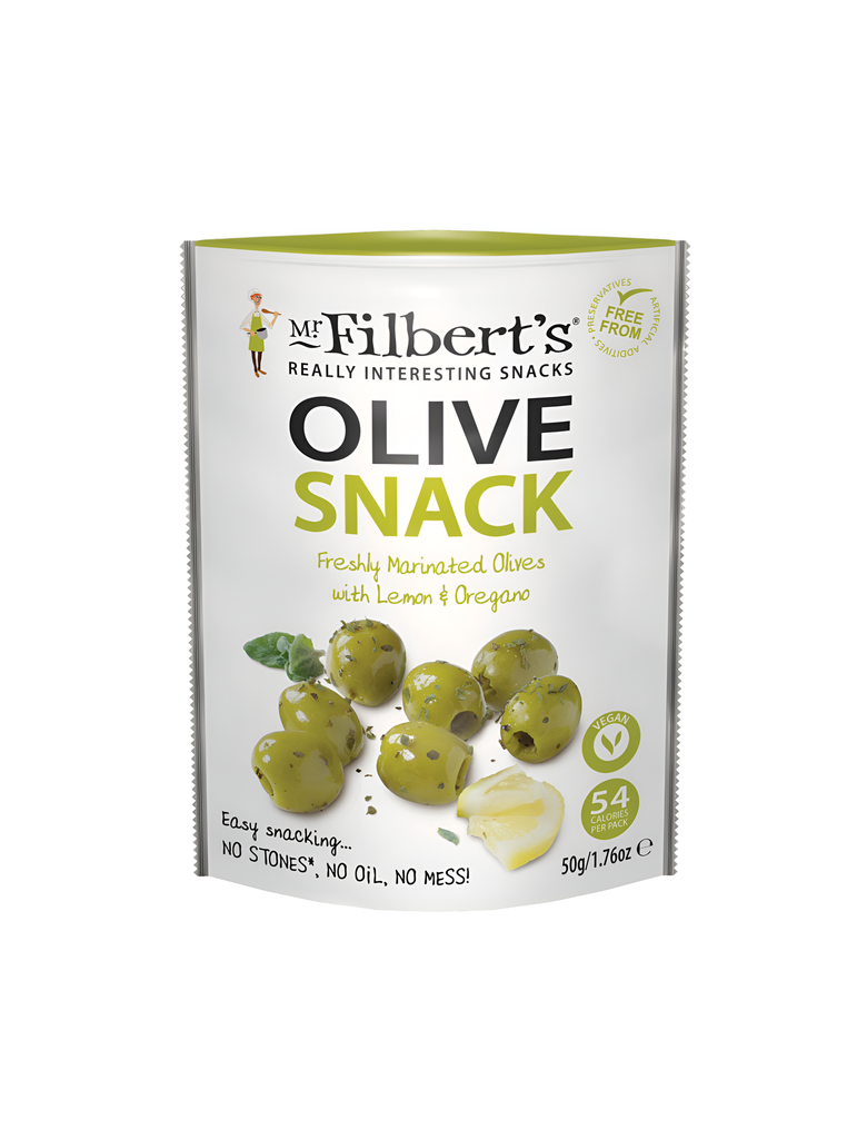 Mr Filberts Snacking Olives - Green Lemon & Oregano X 12 X 50g