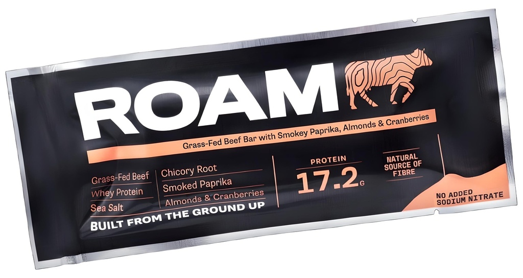 Roam Foods Grass Fed Beef Bars - Smokey Paprika, Cranberry & Almond X 12 X 45g
