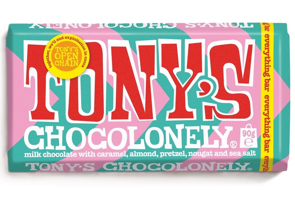 Tonys Chocolonely Chocolate - MEDIUM Milk Caramel Almond Pretzel Nougat X 21 X 90g