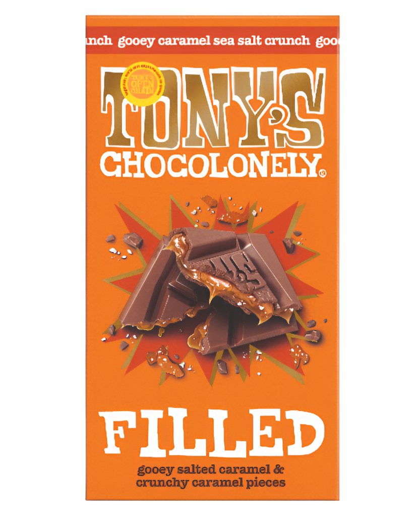 Tonys Chocolonely Filled Chocolate - MEDIUM Milk Goey Salted Caramel and Crunchy Caramel Pieces X 15 X 135g