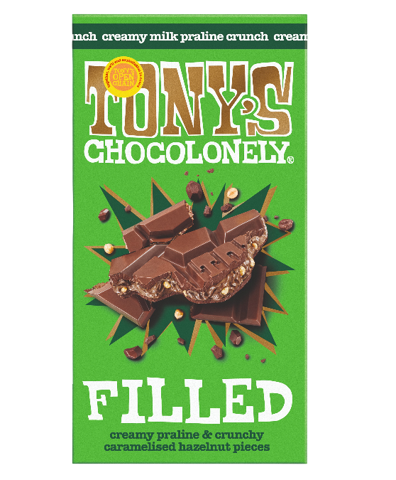 Tonys Chocolonely Filled Chocolate - MEDIUM Milk Creamy Praline and Crunchy Caramelised Hazelnut Pieces X 15 X 127g