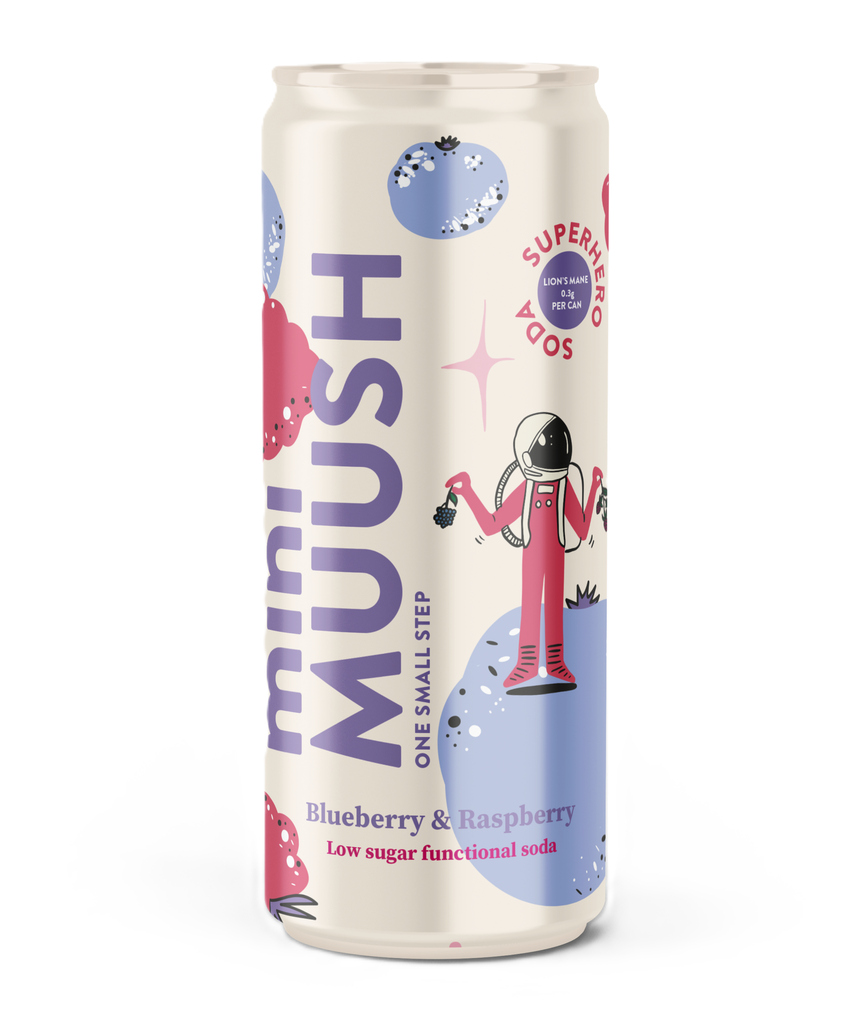 [15% OFF] Muush Kids Low Sugar Functional Soda - Blueberry and Raspberry with Lion Mane X 12 X 200ml