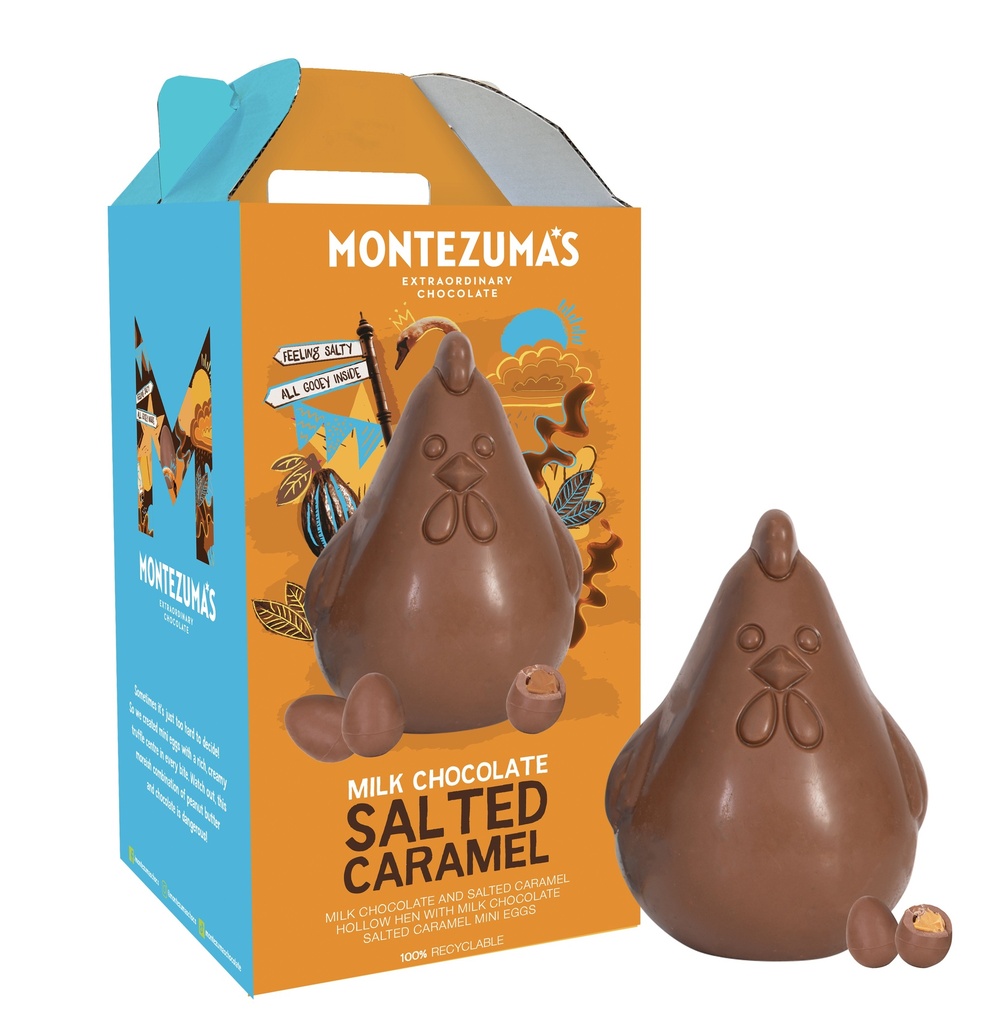 Montezumas Chocolate Easter Range - MILK Salted Caramel Hen with Mini eggs 300g