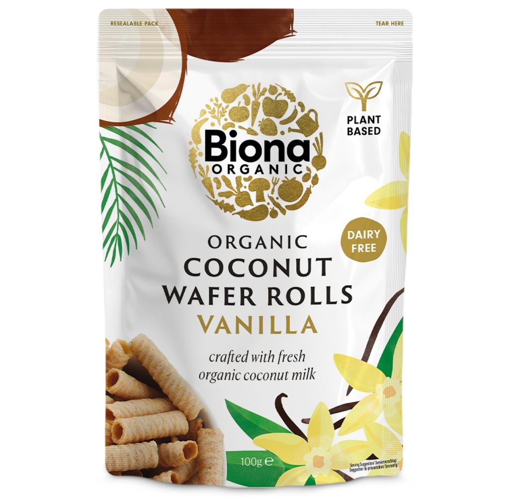 Biona Organic Coconut Wafer Rolls - Vanilla X 12 X 100g