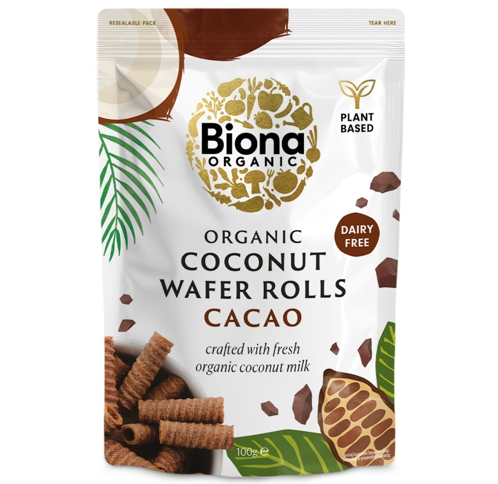 Biona Organic Coconut Wafer Rolls - Cacoa X 12 X 100g