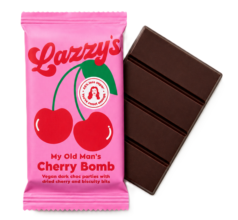 [50% OFF [CLEARANCE] (BBD 30/09) Lazzys Low Sugar Chocolate Bars - DARK My Old Mans Cherry Bomb X 28 X 45g