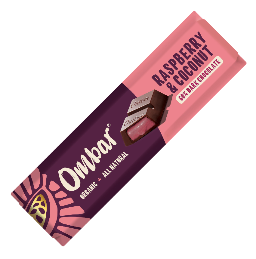 Ombar Organic Vegan Filled Chocolate Bar - SMALL DARK 60% Raspberry and Coconut X 15 X 42g