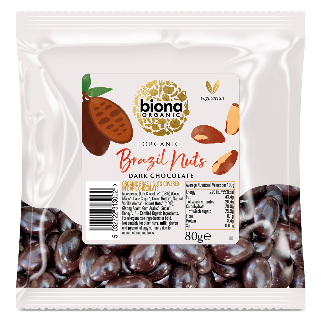 Biona Organic Coated Nuts - Dark Chocolate Brazil Nuts X 6 X 80g