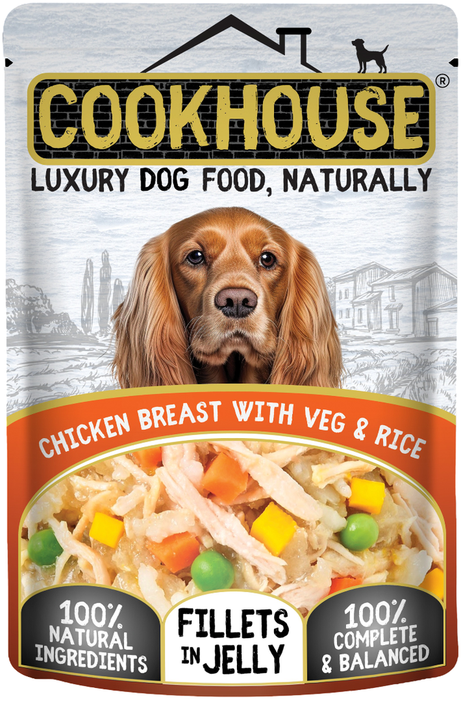 Cookhouse Luxury Pet Food - DOG Fillets in Jelly Chicken Breast with Veg and Rice X 15 X 100g