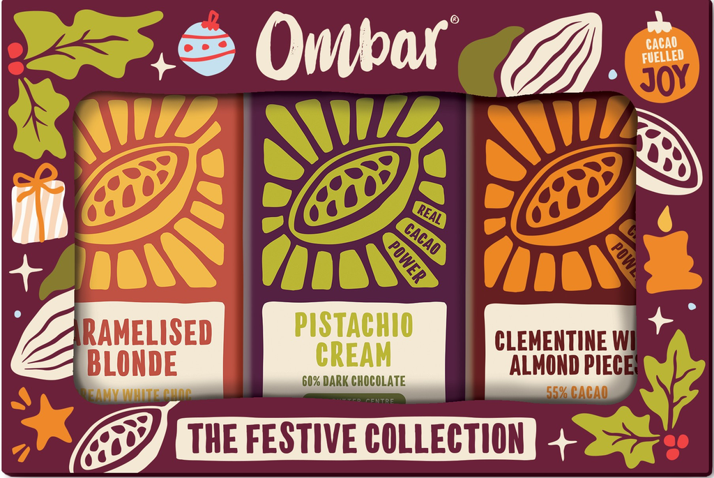 Ombar Organic Vegan XMAS Chocolate MPK - Caramelised Blonde Pistachio Cream and Clementine and Almond (3x35G)