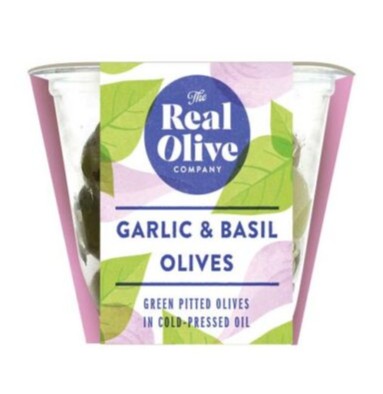The Real Olive Company- Garlic and Basil Pitted Olives 50g