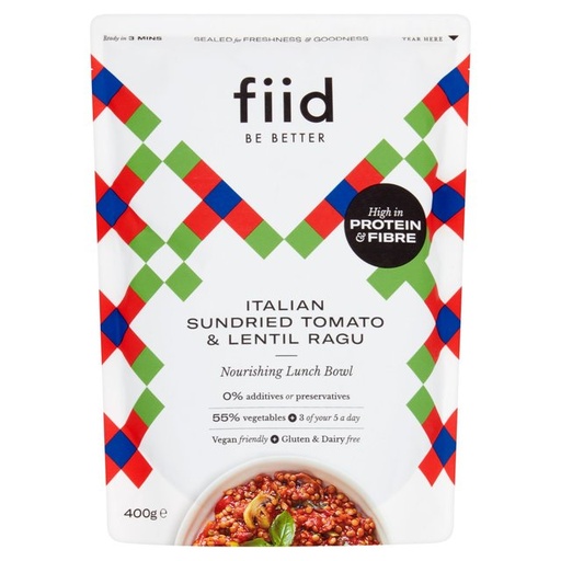 [9893] Fiid Vegan Ready Meals - Sundried Tomato & Lentil Ragu X 8 X 275g