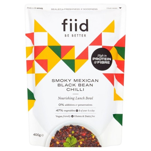 [9894] Fiid Vegan Ready Meals - Black Bean Chilli X 8 X 275g