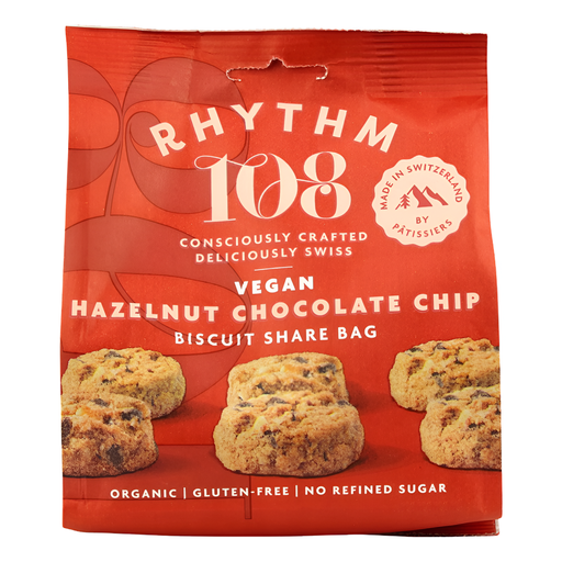 [12827] Rhythm 108 Vegan and GF Biscuits - Hazelnut Chocolate Chip Share Bag X 8 X 135g