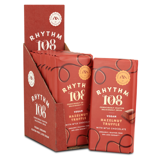[12821] Rhythm 108 Vegan and GF Chocolate - LARGE Mlk Hazelnut Truffle Tablet X 9 X 100g