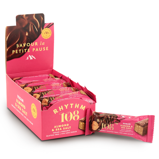[12825] Rhythm 108 Vegan and GF Chocolate - SMALL Almond and Sea Salt Bars X 15 X 33g