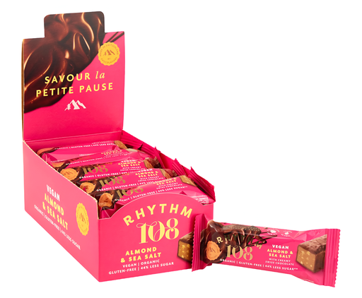 [12825] Rhythm 108 Vegan and GF Chocolate - SMALL Almond and Sea Salt Bars X 15 X 33g