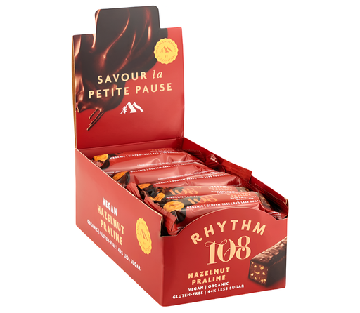 [12826] Rhythm 108 Vegan and GF Chocolate - SMALL Hazelnut Praline Bars X 15 X 33g