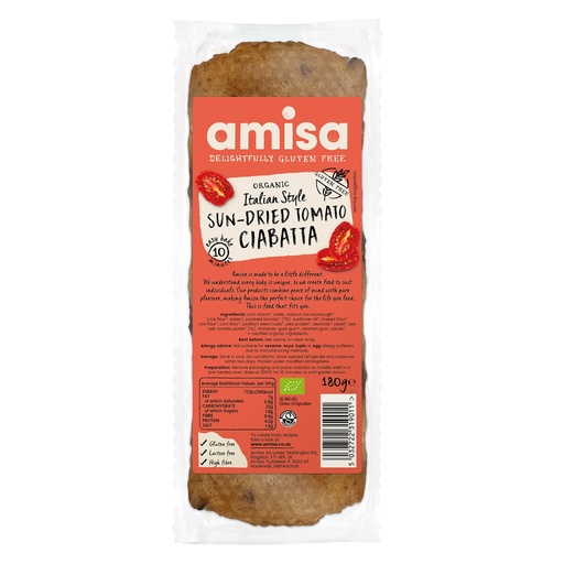 [13367] Amisa Organic GF Bread - Sundried Tomato Ciabatta 180g
