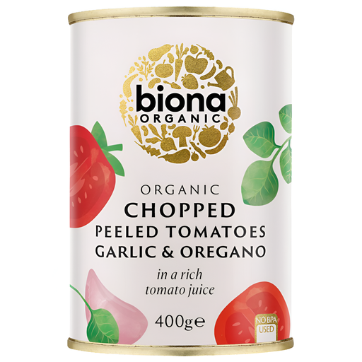 [3510] Biona Organic Veg & Pulse Cans - Tomatoes Chopped Garlic Oregano X 12 X 400g