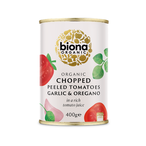 [3510] Biona Organic Veg & Pulse Cans - Tomatoes Chopped Garlic Oregano X 12 X 400g