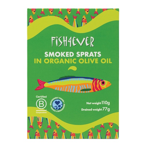 [13956] Fish 4 Ever Organic Sprats - Whole Smoked in Olive Oil X 12 X 110g
