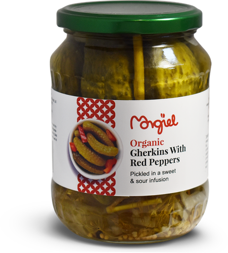 [9268] Morgiel Organic Veg Jars - Pickled Gherkins w/ Red Pepper X 6 X 670g