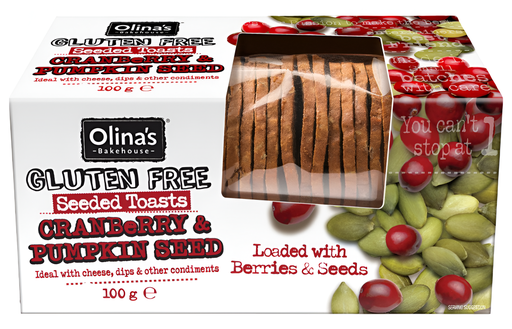 [13670] Olinas Bakehouse Seeded Toasts - GF Cranberry and Pumpkin Seed X 12 X 100g