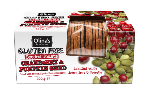 [13670] Olinas Bakehouse Seeded Toasts - GF Cranberry and Pumpkin Seed X 12 X 100g