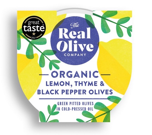 [10531] The Real Olive Company - Organic Lemon, thyme & black pepper pitted olives 150g