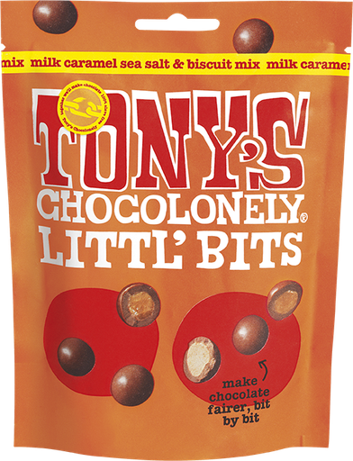 [11843] [SUPPLIER ISSUE] Tonys Chocolonely Littl Bits Mix - Milk Caramel Sea Salt & Biscuit X 8 X 100g