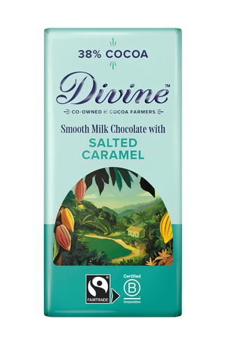 [14447] Divine Chocolate Bars - MILK 38% Smooth with Salted Caramel X 15 X 90g