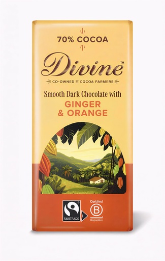 [14452] Divine Chocolate Bars - DARK 70% Smooth with Ginger & Orange X 15 X 90g