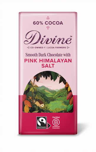 [14454] Divine Chocolate Bars - DARK 60% Smooth with Pink Himalayan Salt X 15 X 90g