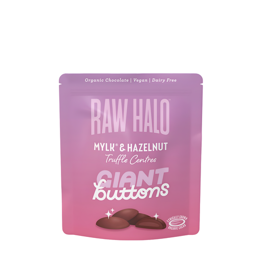 [14549] Raw Halo Organic Vegan Chocolate - Truffle Centre Mylk & Hazelnut Giant Buttons X 8 X 100g