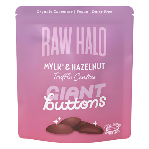 [14549] Raw Halo Organic Vegan Chocolate - Truffle Centre Mylk & Hazelnut Giant Buttons X 8 X 90g
