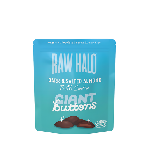 [14550] Raw Halo Organic Vegan Chocolate - Truffle Centre Dark & Salted Almond Giant Buttons X 8 X 100g