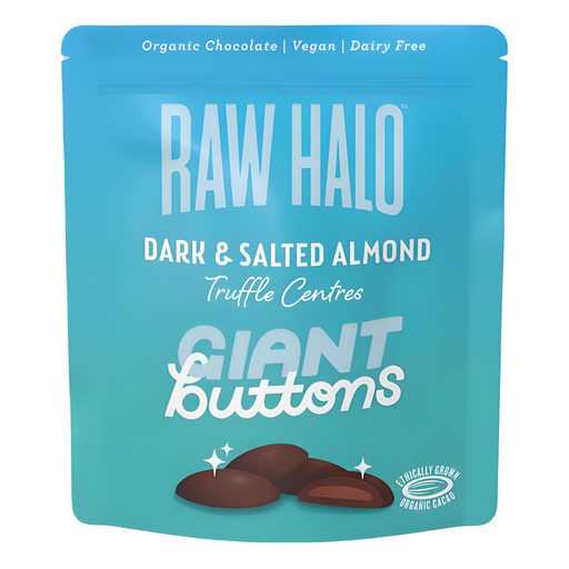 [14550] Raw Halo Organic Vegan Chocolate - Truffle Centre Dark & Salted Almond Giant Buttons X 8 X 90g