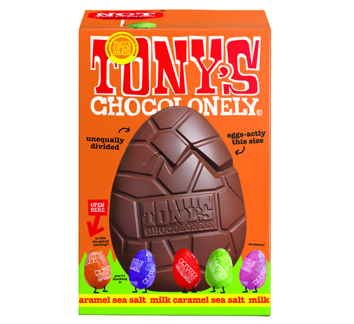 [14714] Tonys Chocolonely Easter Range - MILK Large Hollow Caramel Sea Salt Egg & Mini Eggs 242g